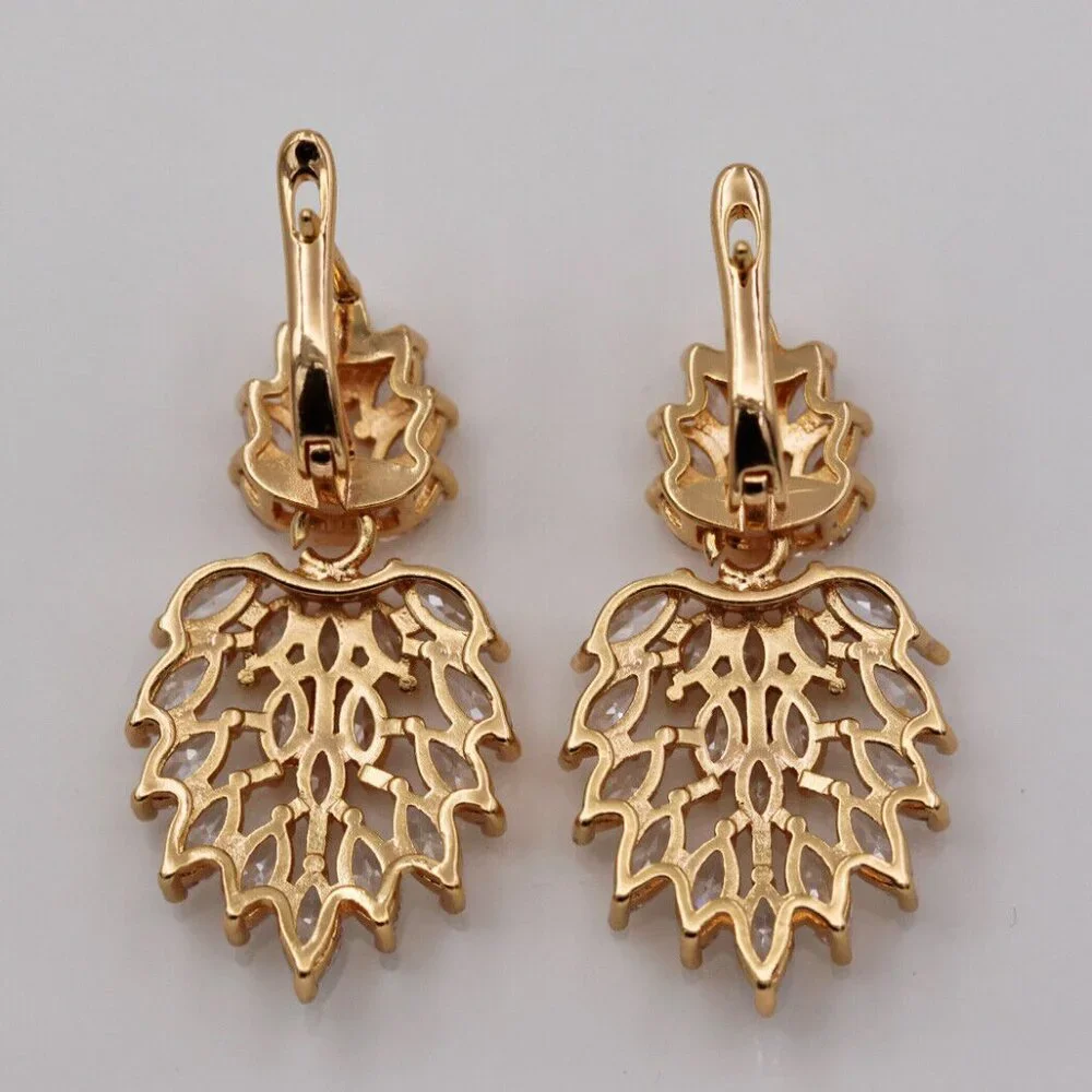 18K Yellow Gold Filled Multi Layer Flower Leaf Diamond Zircon Earrings Gorgeous - Picture 4 of 4